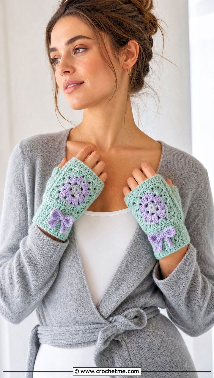 Bow Accent Granny Square Fingerless Gloves With Ballet Cardigan - 30 crochet granny square fingerless gloves outfit ideas