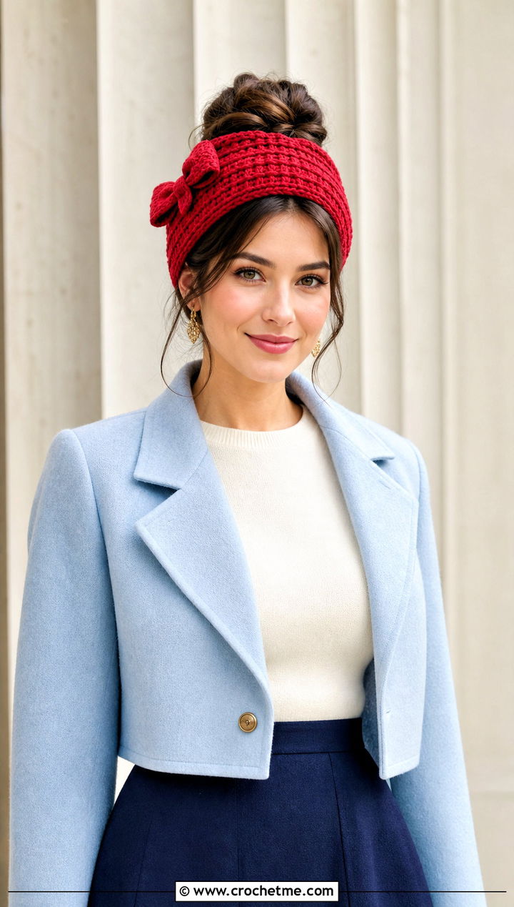 Bow Accent Messy Bun Crochet Hat With Cropped Coat - 25 Easy Messy Bun Crochet Hat outfit ideas