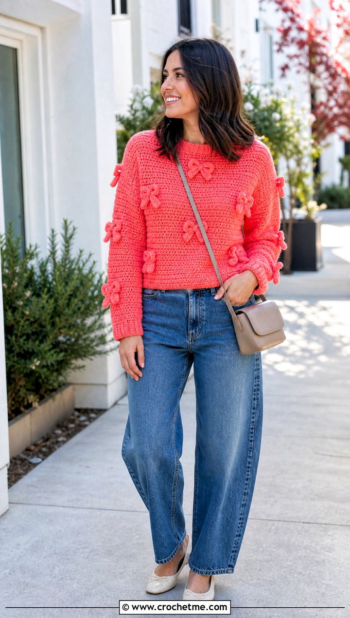 Bow Applique Crochet Crewneck Sweater With Barrel Jeans - 25 crochet bow sweater outfit ideas