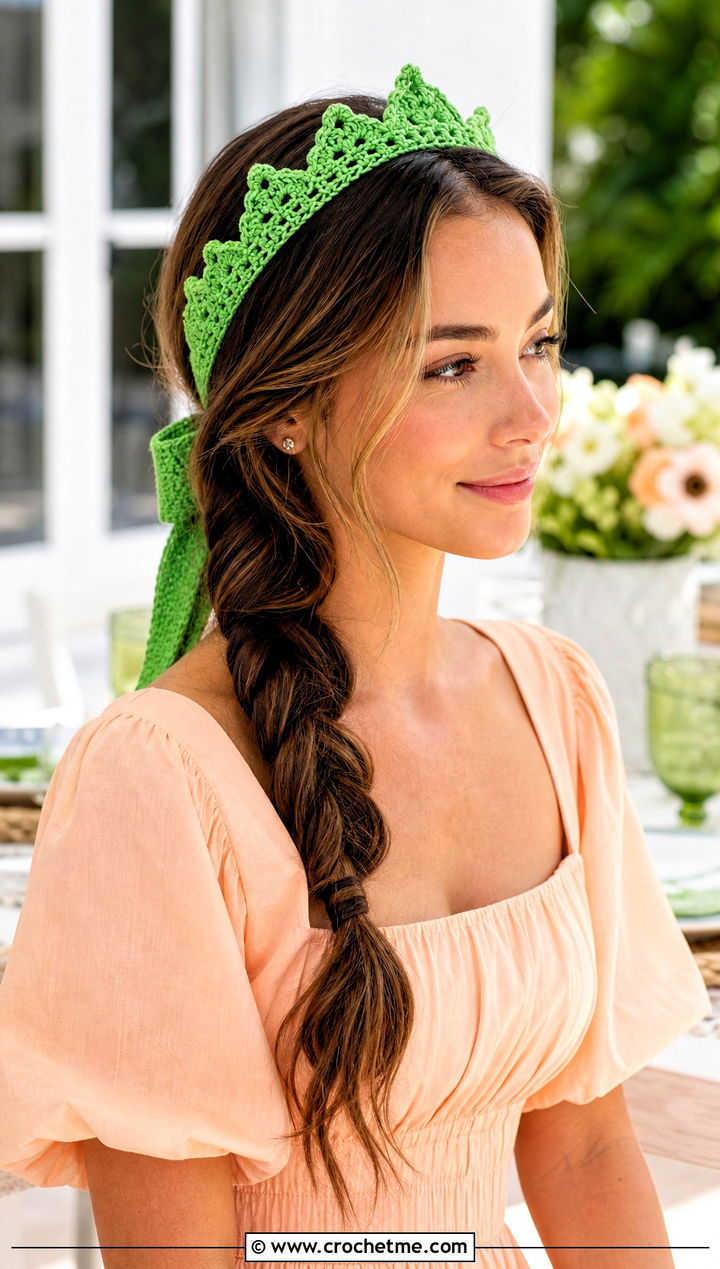Bow Back Crochet Tiara Headband With Poplin Dress - 30 crochet tiara headband outfit ideas