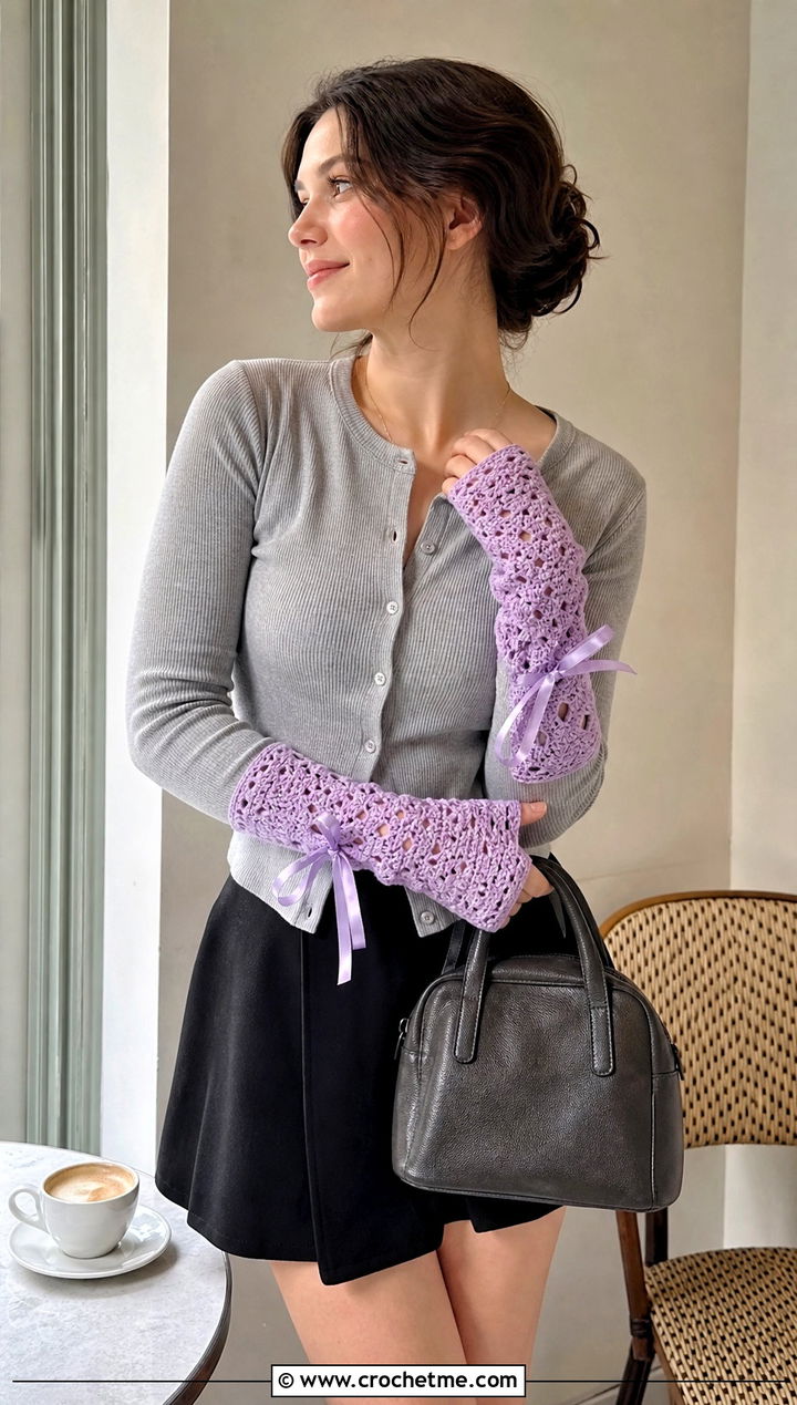 Bow Crochet Arm Warmers With Cardigan And Skirt - 25 Crochet Arm Warmers Aesthetic outfit ideas