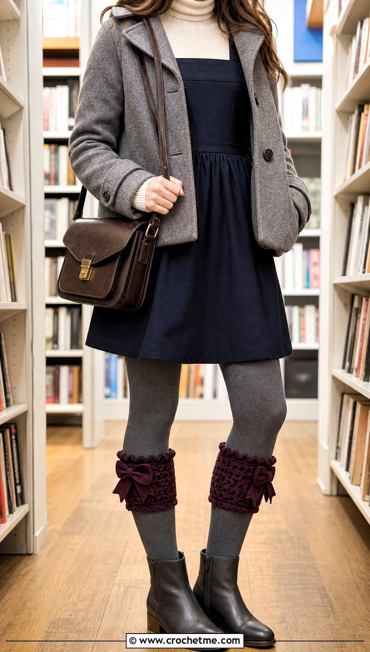 Bow Crochet Boot Cuffs With Pinafore Dress - 35 crochet boot cuffs outfit ideas