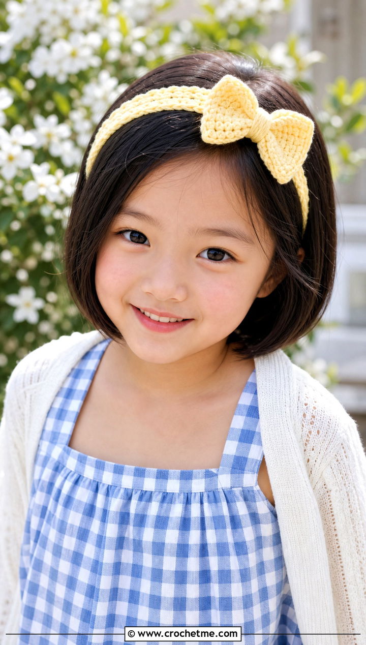 Bow Crochet Child Headband With Gingham Dress - 20 Crochet Childs Headband outfit ideas