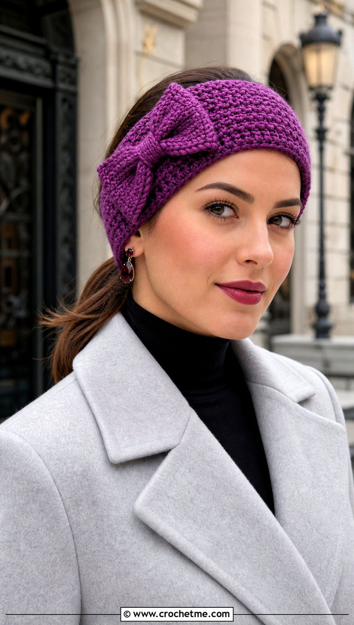Bow Crochet Ear Warmer With A Line Coat - 25 Easy Crocheted Headbands Ear Warmers outfit ideas