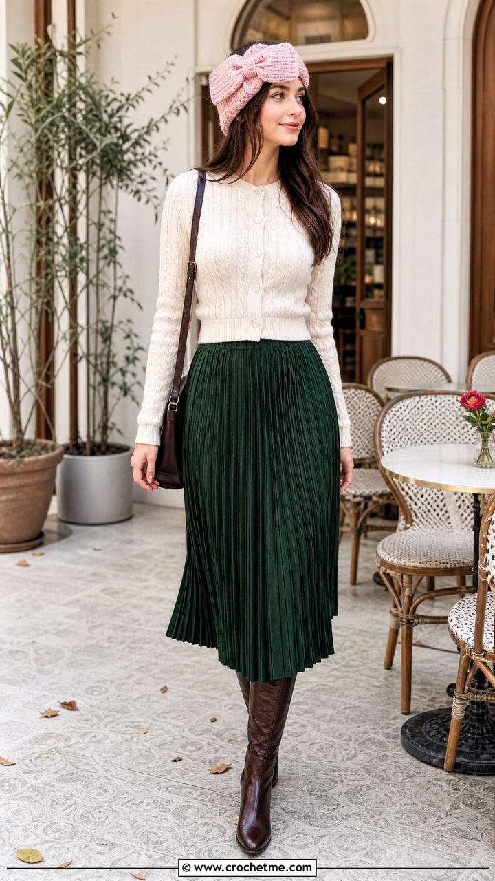 Bow Crochet Ear Warmer With Cardigan And Midi Skirt - 35 crochet ear warmer outfit ideas