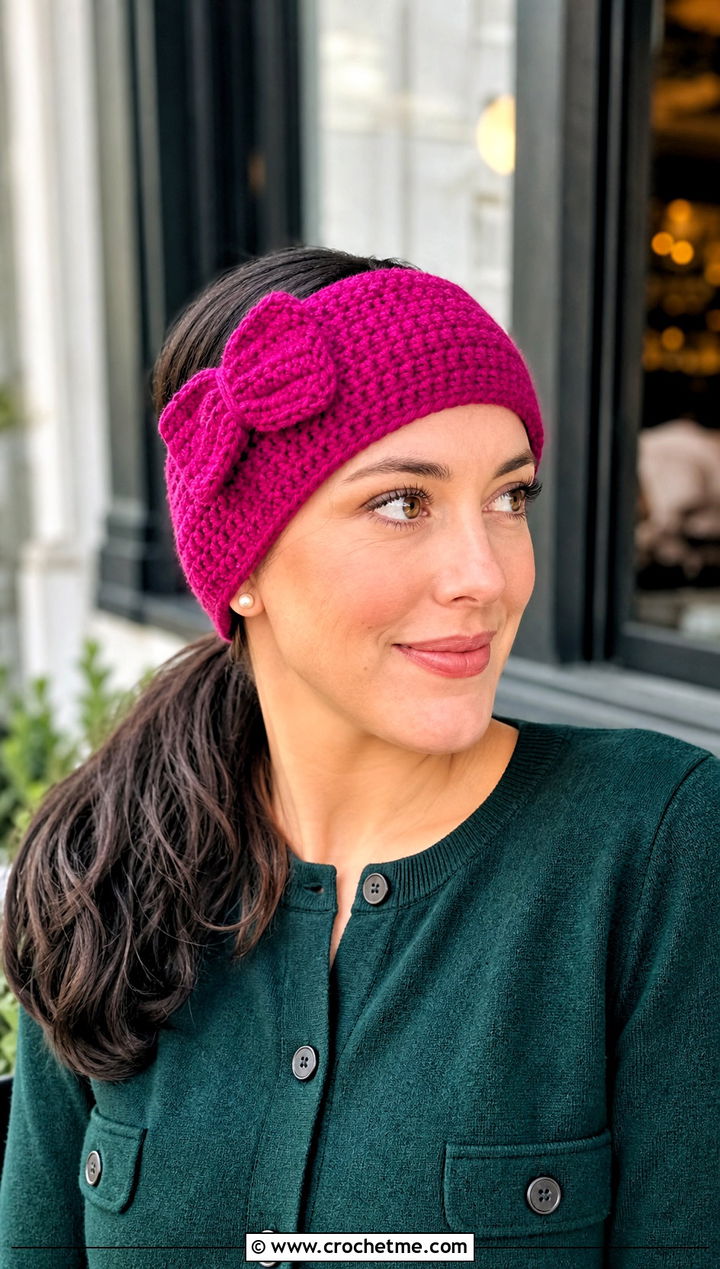 Bow Crochet Ear Warmer With Cardigan and Pleated Skirt - 25 Simple Crochet Ear Warmer outfit ideas