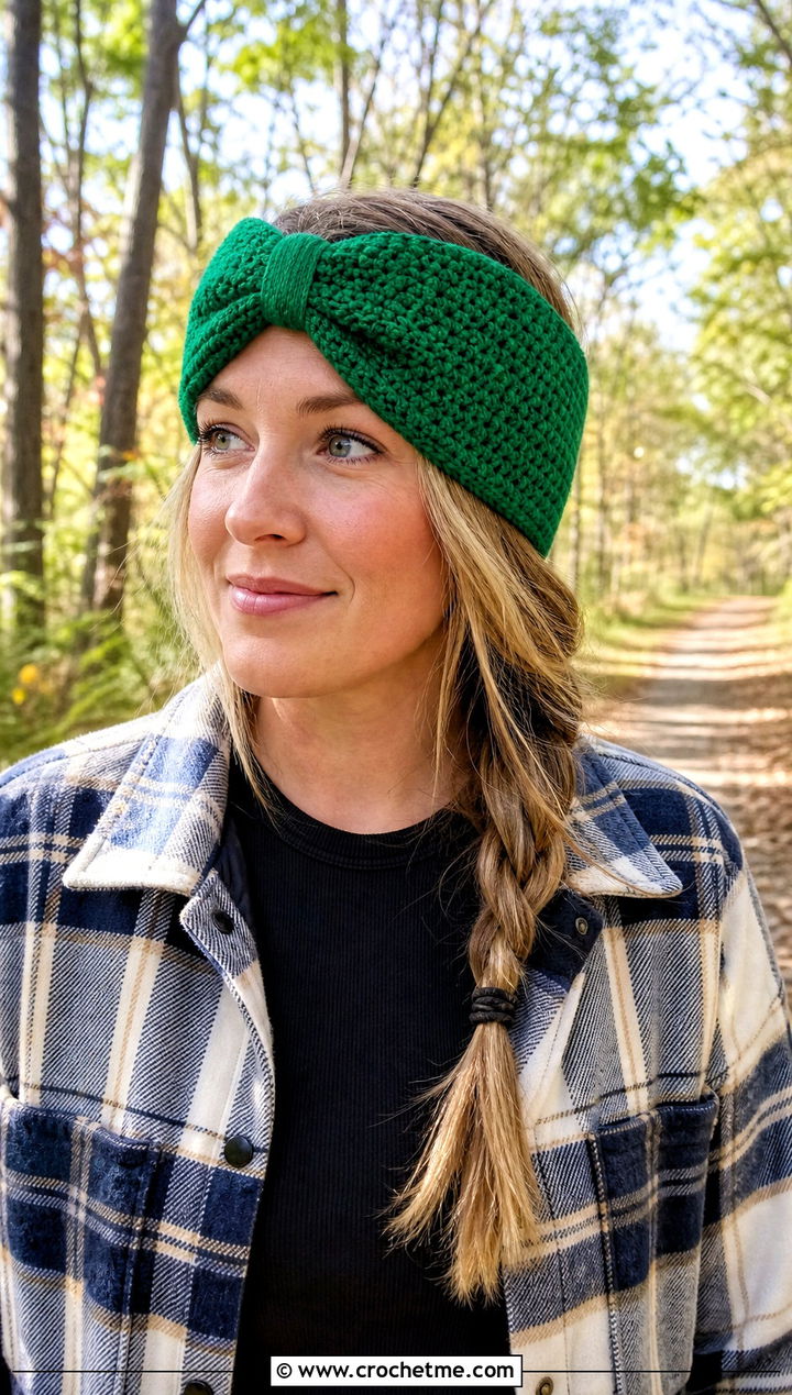 Bow Crochet Ear Warmer With Plaid Shacket And Leggings - 30 crochet headband with bow outfit ideas