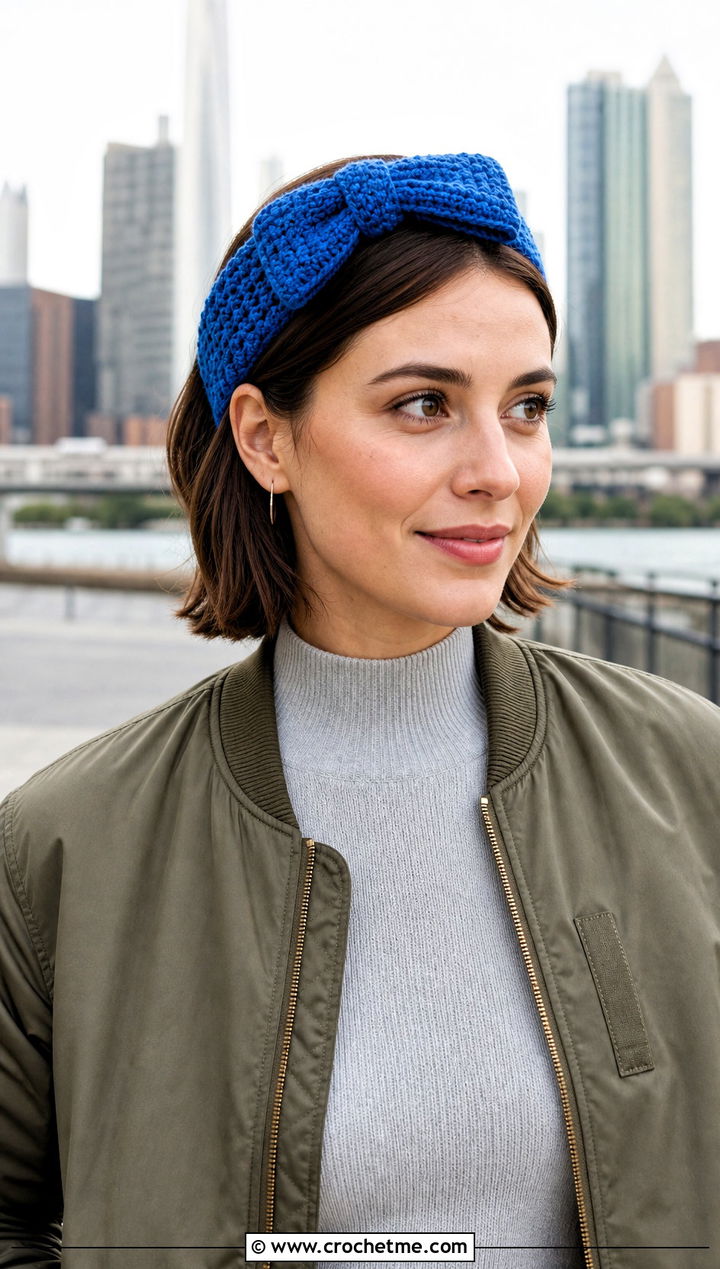 Bow Crochet Headband With Pleated Midi Skirt - 30 crochet fall headband outfit ideas
