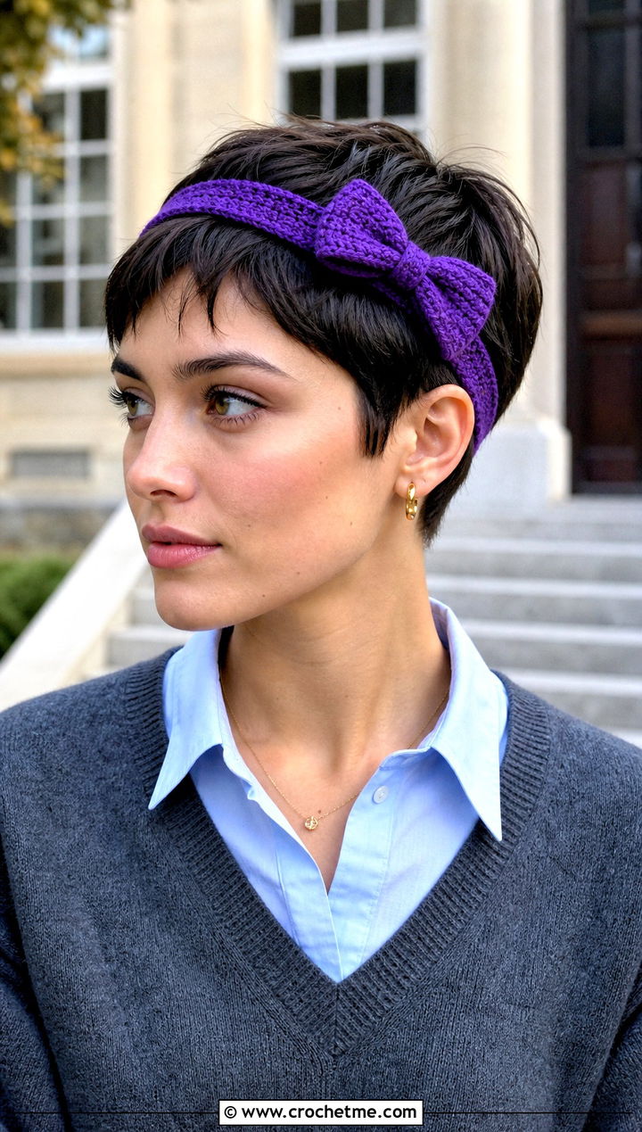 Bow Crochet Headband With Preppy Sweater Outfit - 25 crochet headband for short hair outfit ideas