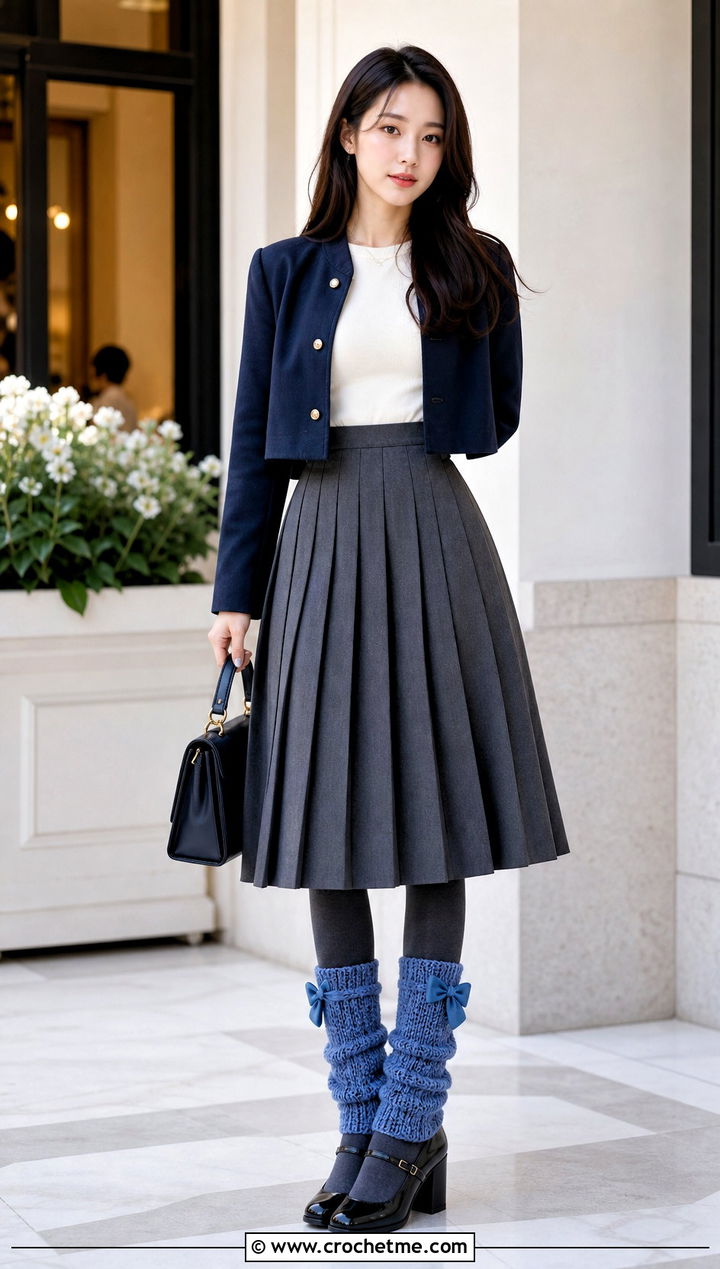 Bow Crochet Leg Warmers With Pleated Midi Skirt - 30 crochet leg warmers ideas