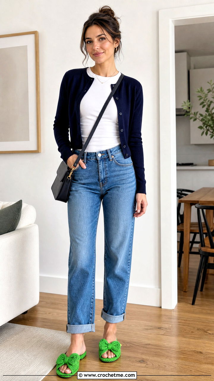 Bow Crochet Slippers With A Cardigan And Jeans - 35 crochet slipper outfit ideas