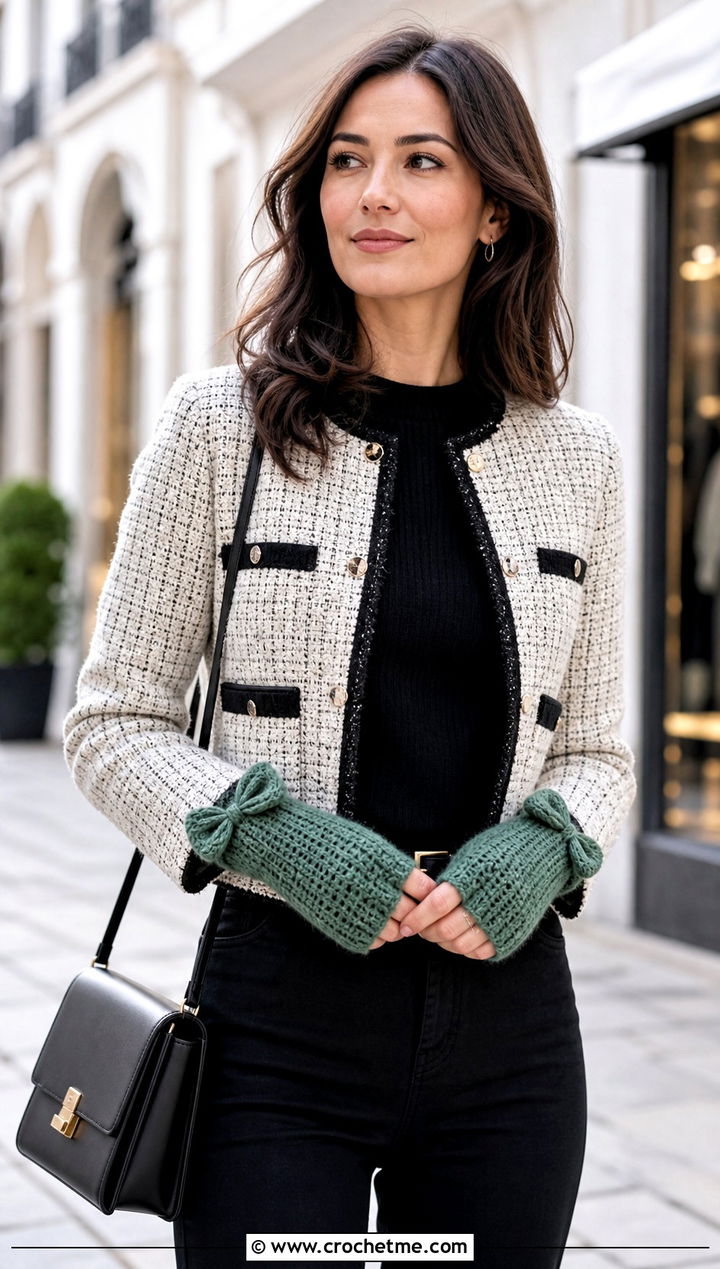 Bow Cuff Crochet Gloves With Tweed Jacket - 25 crocheted gloves outfit ideas