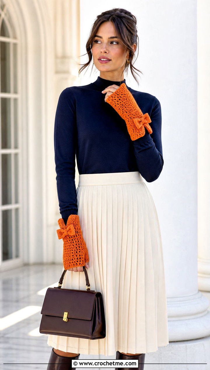 Bow Cuff Crochet Hand Warmers With Pleated Skirt - 30 easy crochet hand warmers outfit ideas