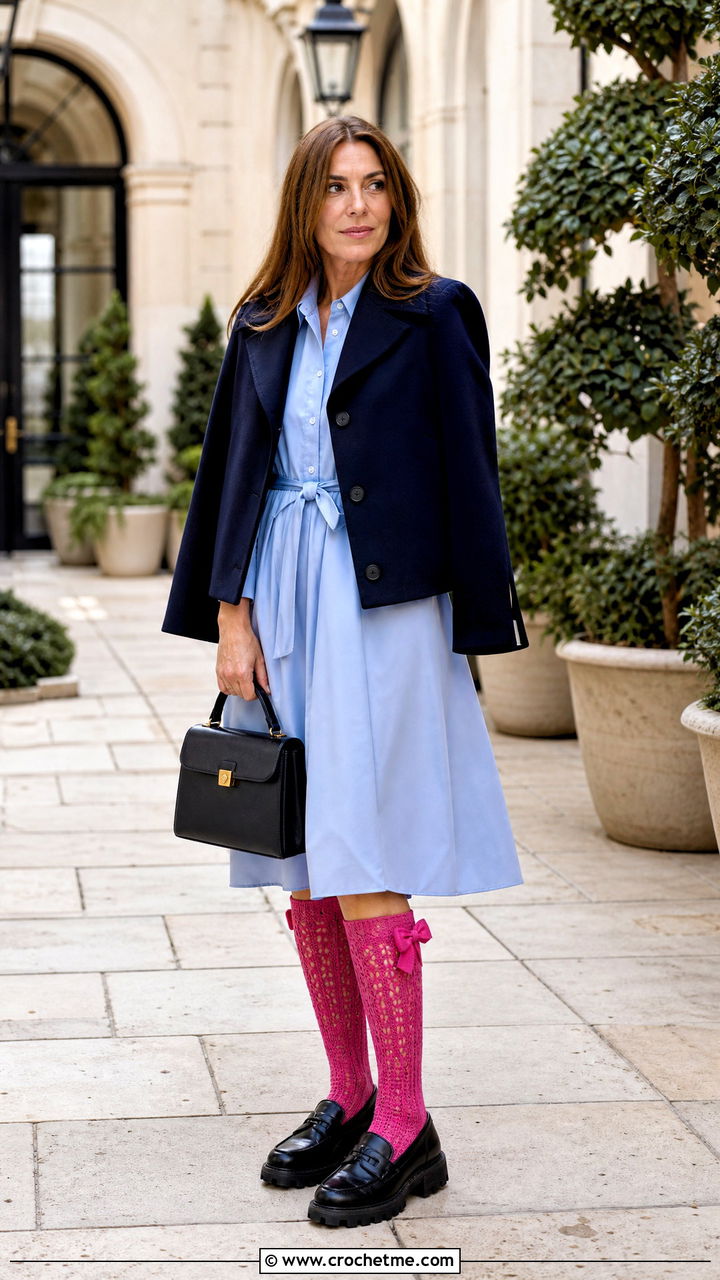 Bow Cuff Crochet Knee Socks With Shirt Dress - 35 easy crochet socks outfit ideas