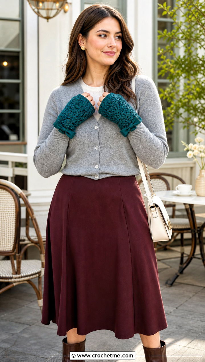 Bow Cuff Crochet Mittens With Cardigan and A Line Skirt - 25 Simple Crochet Mittens outfit ideas
