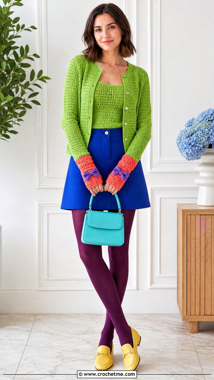 Bow Cuff Fingerless Crochet Gloves With Cardigan Set - 35 crochet gloves outfit ideas
