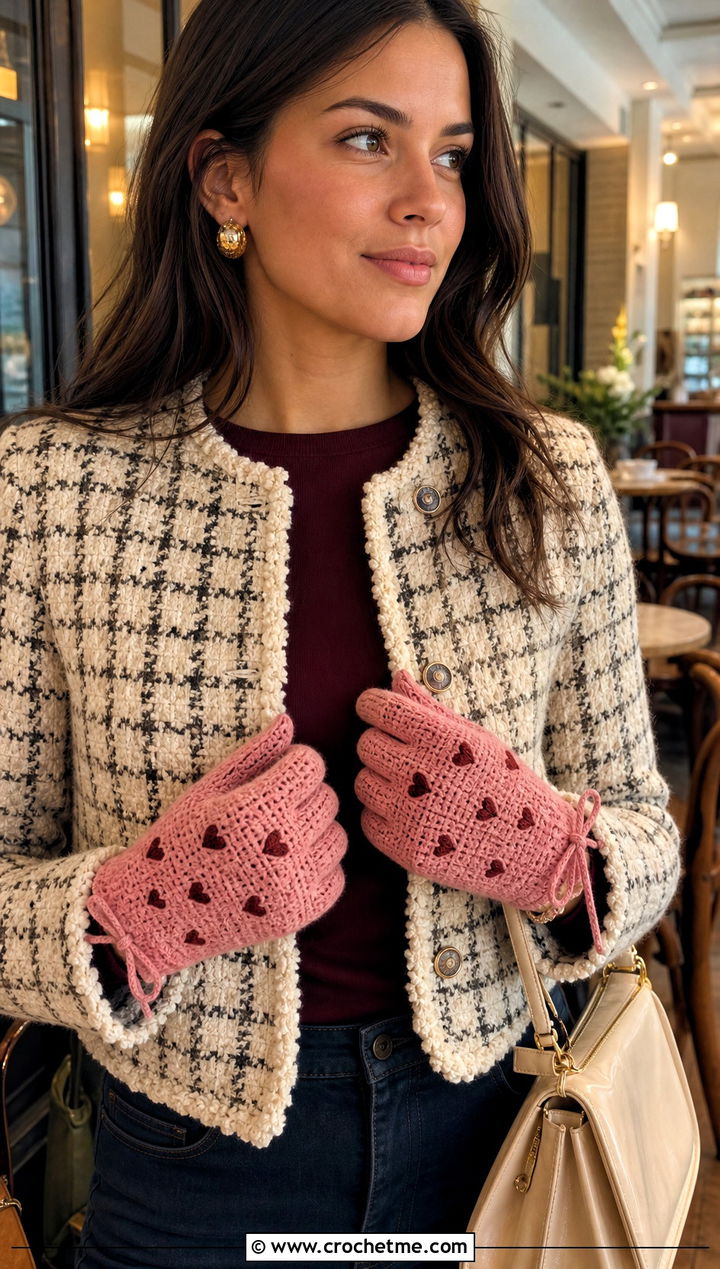 Bow Cuff Heart Crochet Gloves With Tweed Jacket - 15 Heart Crochet Gloves outfit ideas