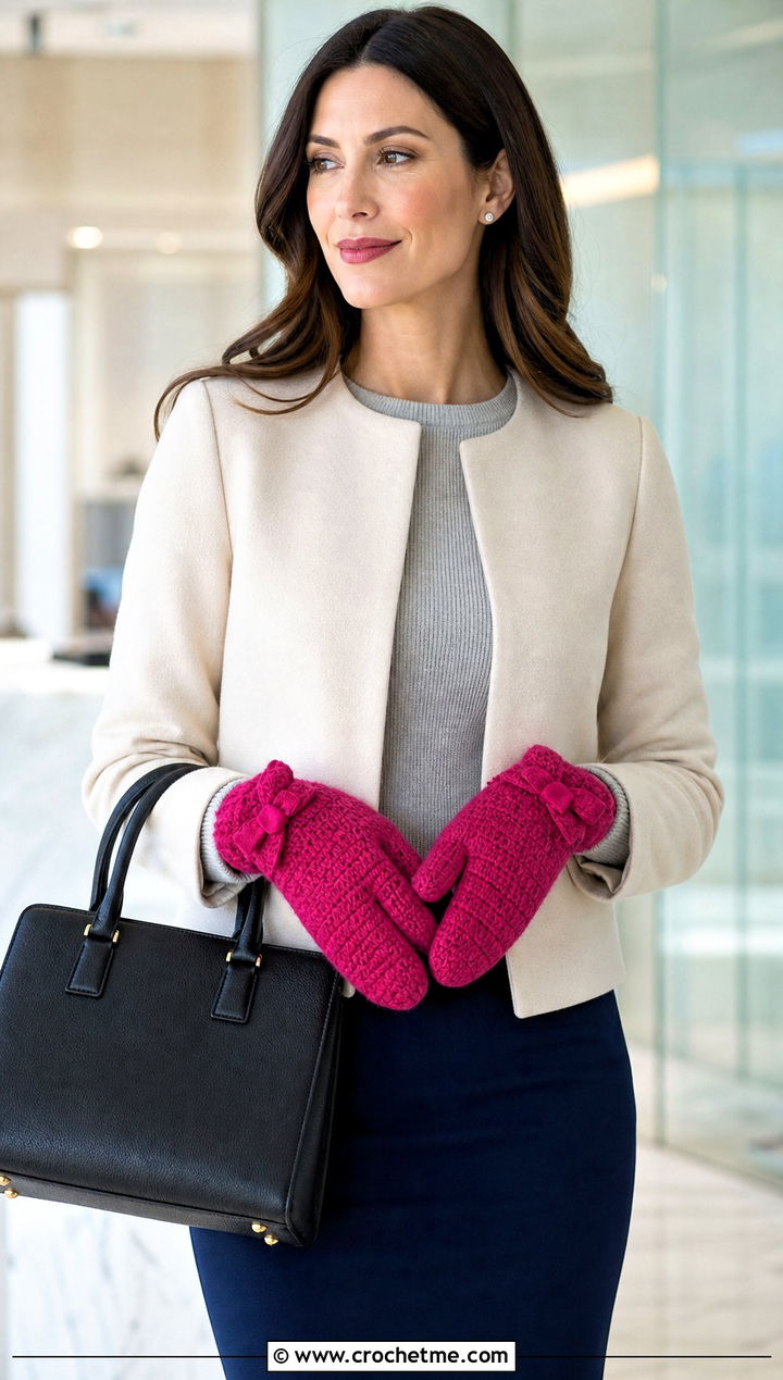 Bow Cuff Tabi Crochet Mittens With Collarless Jacket And Pencil Skirt - 25 Tabi Crochet Mittens outfit ideas