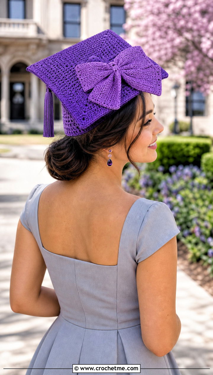 Bow Detail Crochet Graduation Cap Cover With Fit And Flare Dress - 30 crochet graduation cap cover outfit ideas