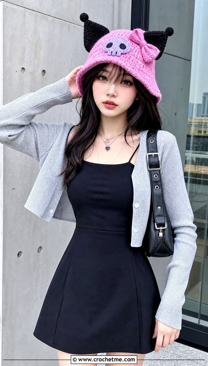 Bow Detail Kuromi Crochet Bucket Hat With Mini Dress - 15 Kuromi Crochet Bucket Hat outfit ideas