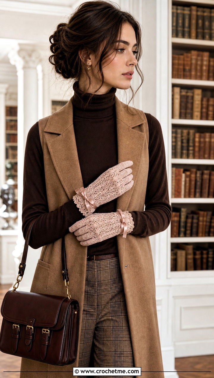 Bow Detail Victorian Lace Gloves With Plaid Trousers - 25 lace crochet gloves outfit ideas