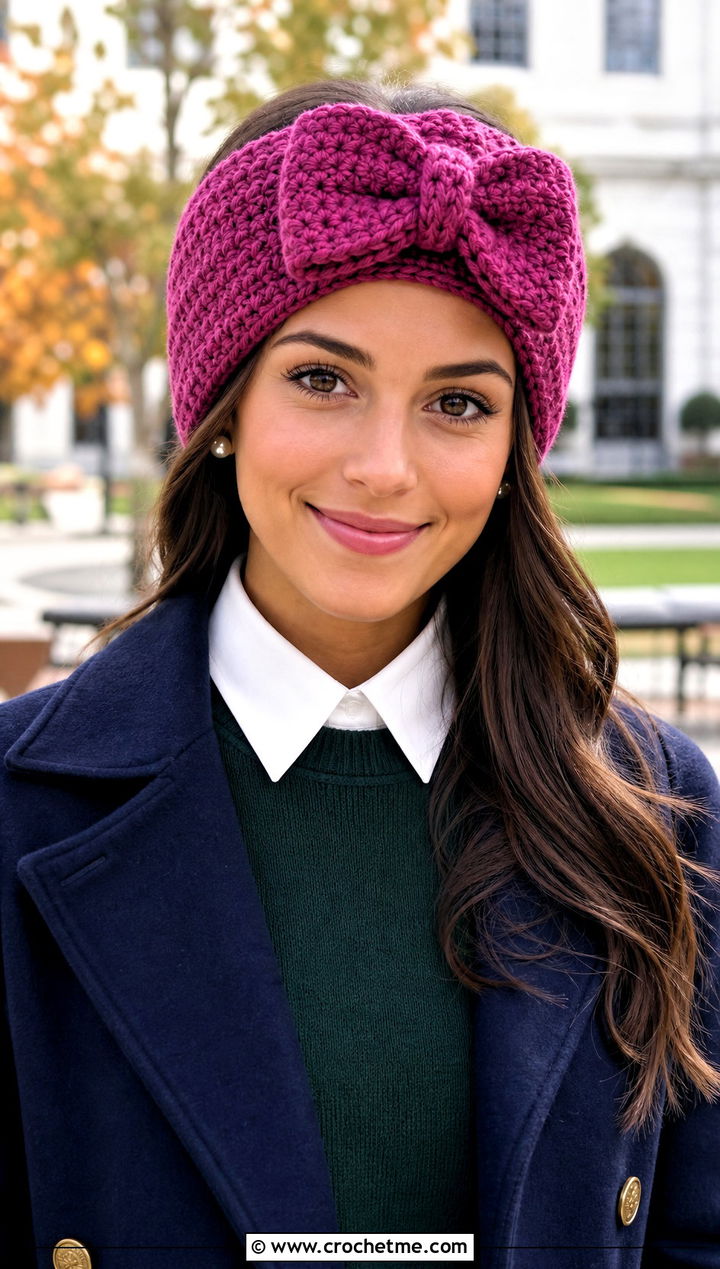 Bow Front Bulky Crochet Ear Warmer With Preppy Outfit - 25 Bulky Crochet Ear Warmer outfit ideas