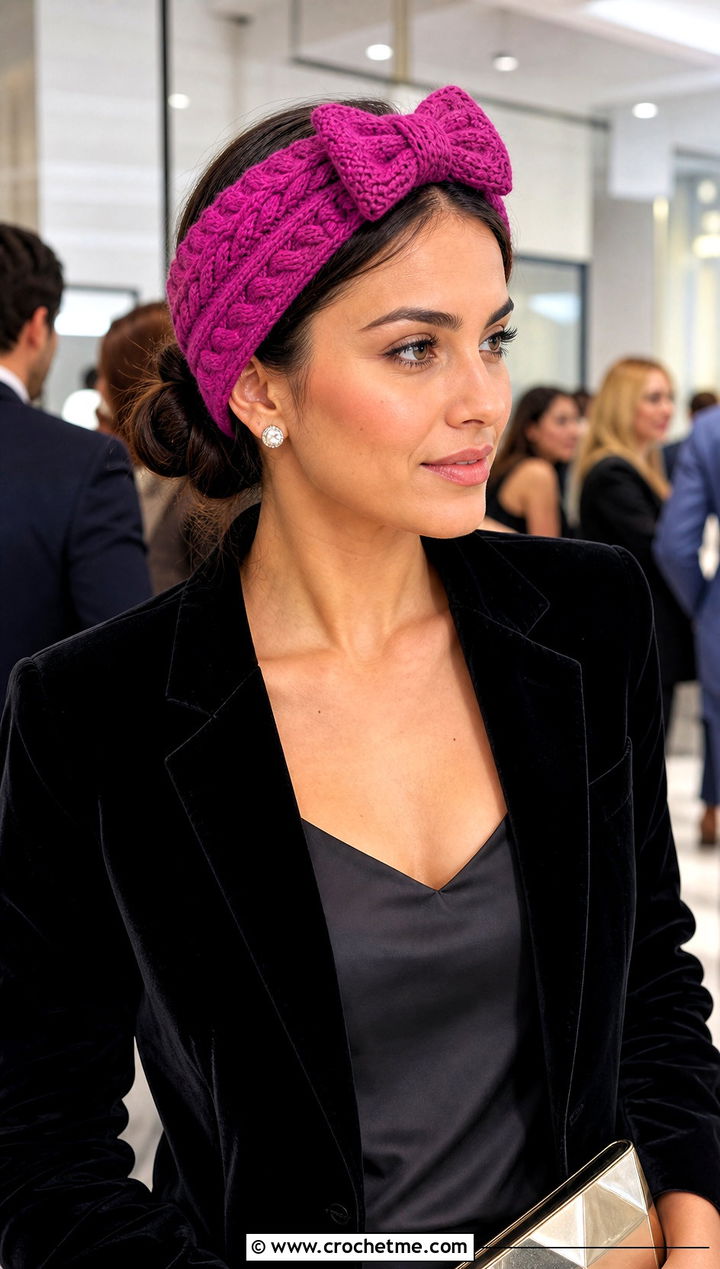 Bow Front Cable Stitch Crochet Headband With Velvet Blazer - 15 Cable Stitch Crochet Headband outfit ideas