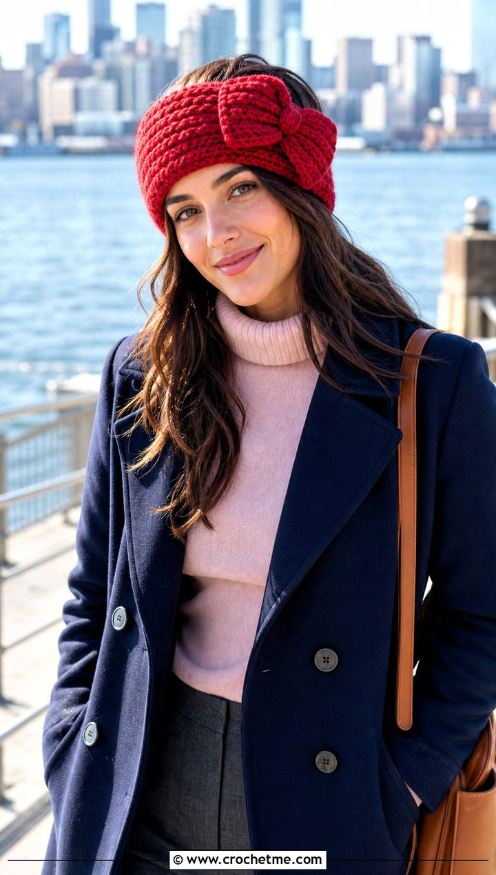 Bow Front Chunky Crochet Ear Warmer With Peacoat - 30 chunky crochet ear warmer outfit ideas