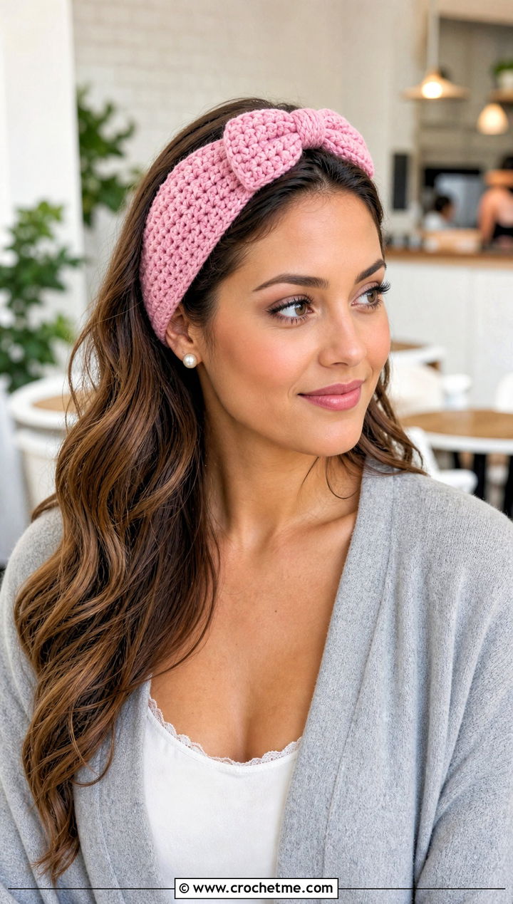 Bow Front Crochet Ear Headband With Cardigan And Midi Skirt - 30 crochet ear headband outfit ideas