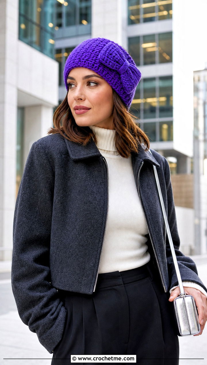 Bow Front Crochet Ear Warmer With Cropped Jacket And Trousers - 30 crochet ear warmer headband outfit ideas