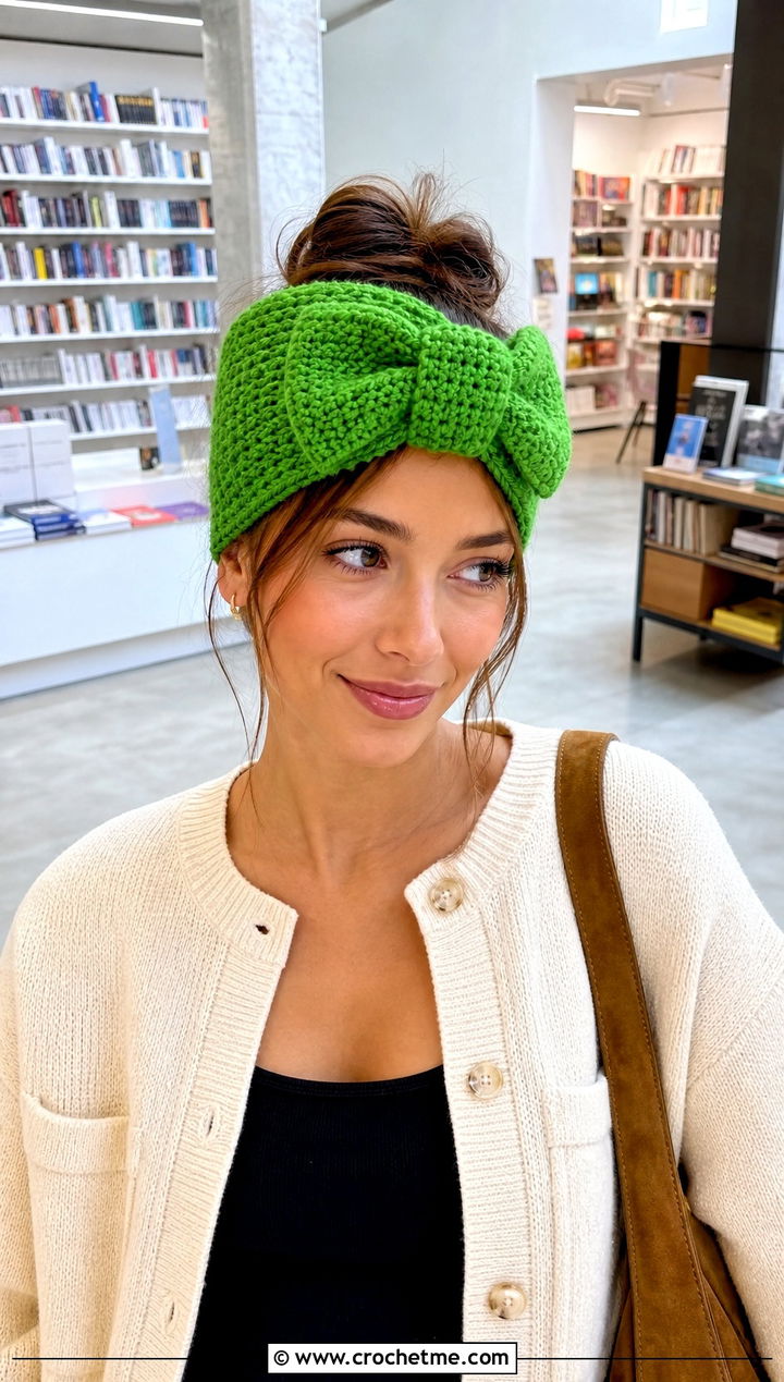 Bow Front Crochet Ear Wrap With Cardigan And Jeans - 20 crochet ear wrap outfit ideas