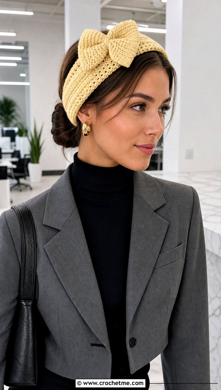Bow Front Crochet Headband With Wide Leg Trousers - 25 Easy Crochet Winter Headband outfit ideas