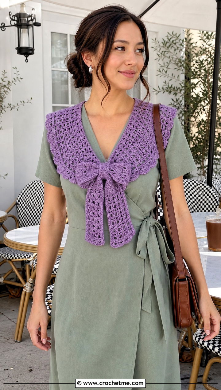 Bow Front Crochet Sailor Collar With Wrap Dress And Flats - 30 crochet sailor collar outfit ideas