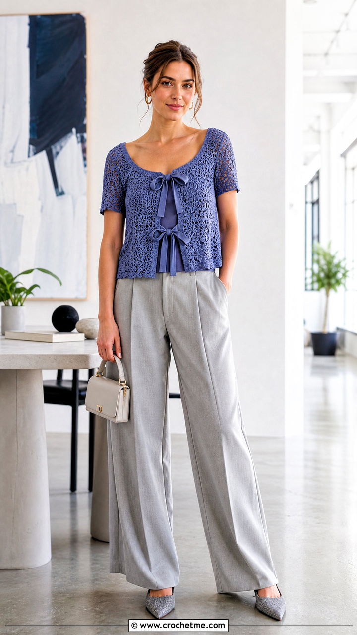 Bow Front Crochet Top With Pleated Pants - 35 beginner crochet tops outfit ideas