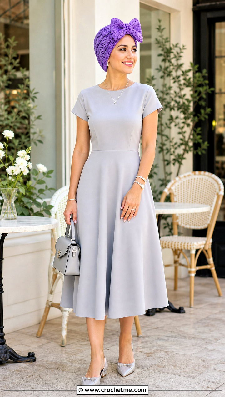 Bow Front Crochet Turban With Midi Dress - 35 crochet turban outfit ideas
