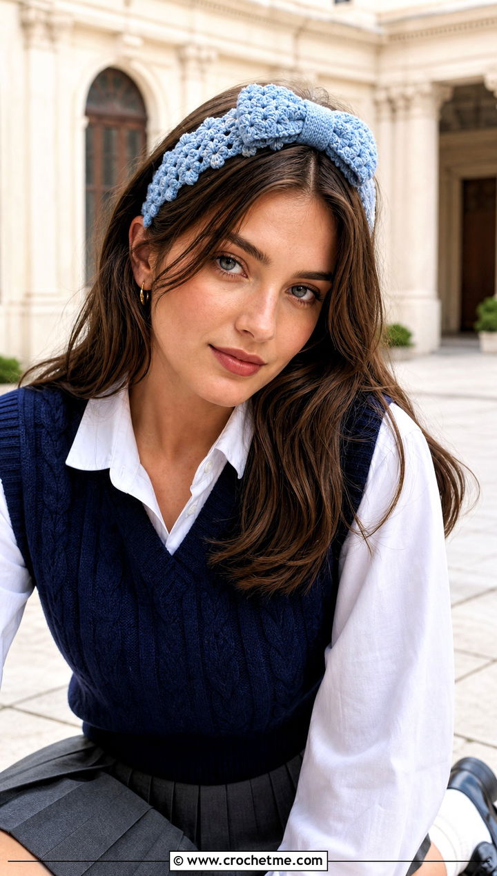 Bow Front Jasmine Stitch Headband With Pleated Skirt - 20 Crochet Jasmine Stitch Headband outfit ideas