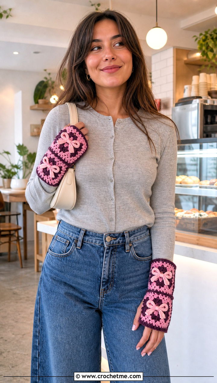 Bow Granny Square Gloves With Cardigan And Jeans - 20 Fingerless Granny Square Gloves outfit ideas
