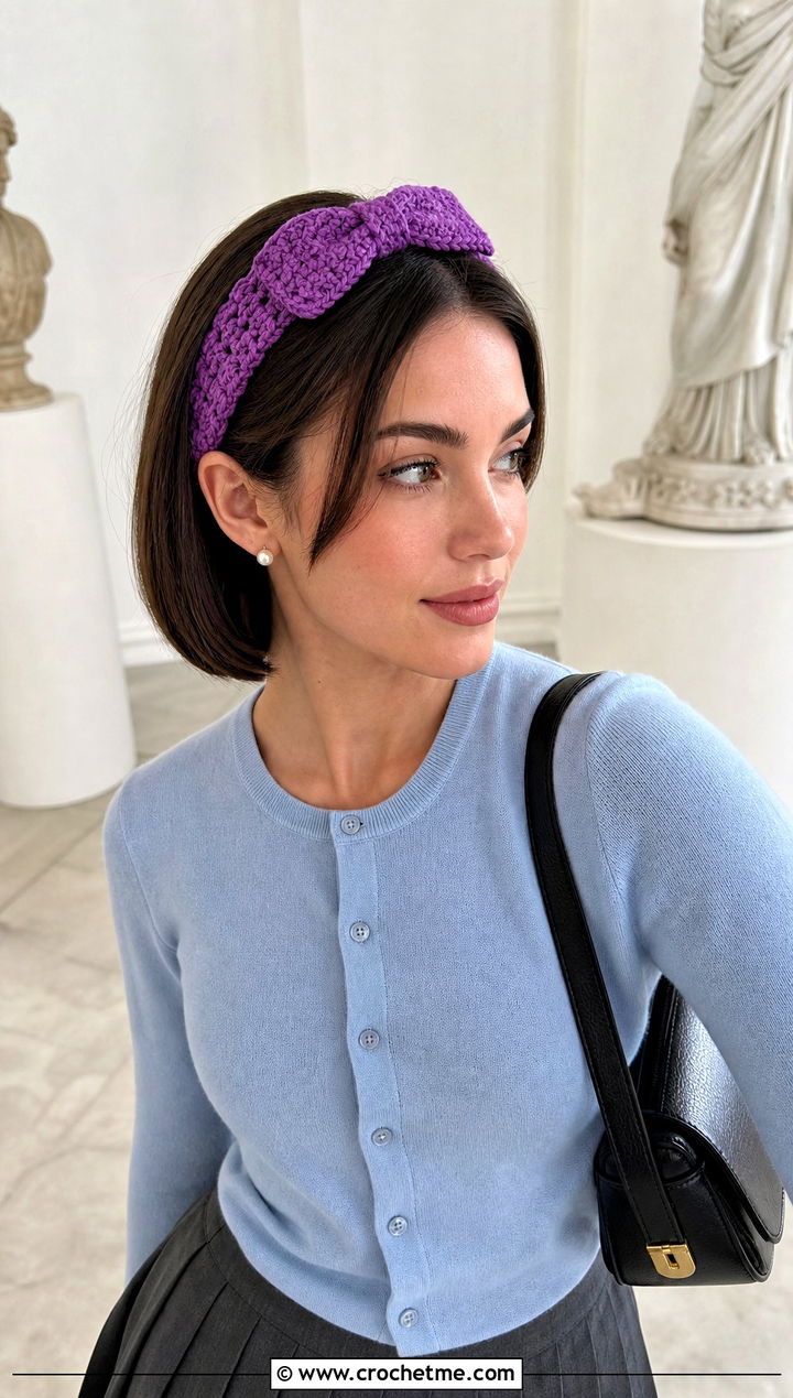 Bow Hair Tie Crochet Headband With Cardigan And Pleated Skirt - 15 crochet headband using hair tie outfit ideas