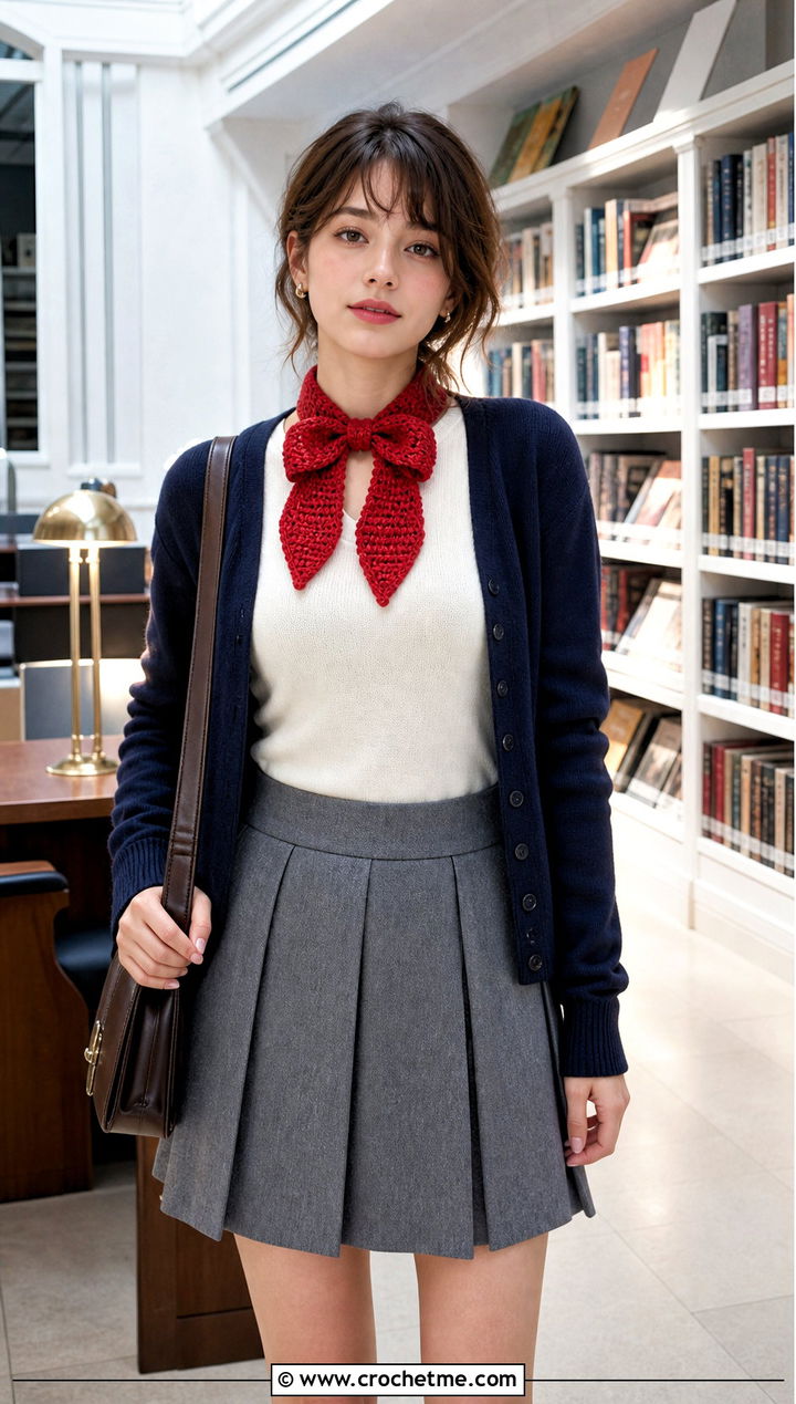 Bow Keyhole Crochet Scarf With Pleated Skirt - 25 Keyhole Crochet Scarf outfit ideas