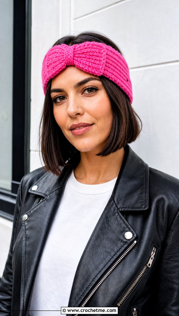 Bow Knot Crochet Ear Warmer With Leather Jacket - 25 Diy Crochet Headband Ear Warmers outfit ideas