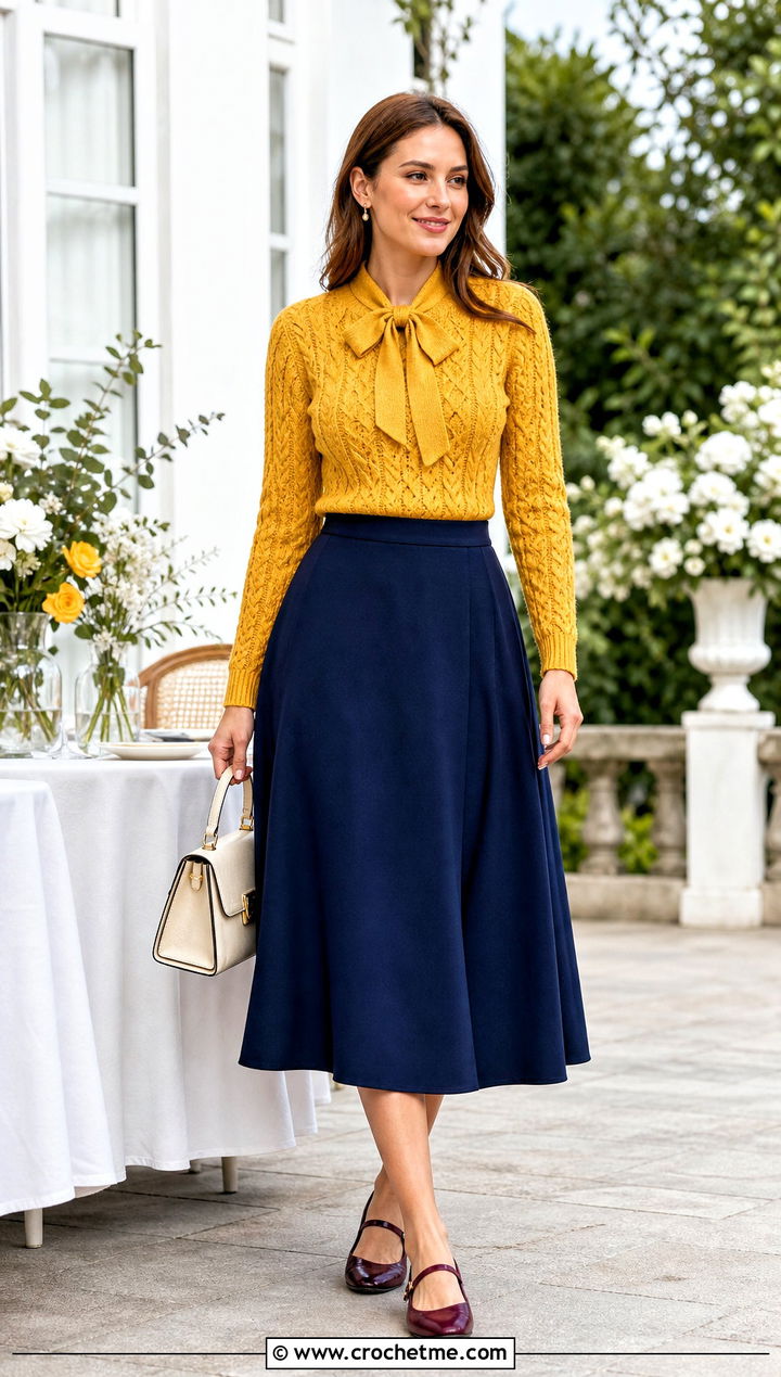 Bow Neck Crochet Cable Sweater With A Line Skirt - 30 crochet cable knit sweater outfit ideas