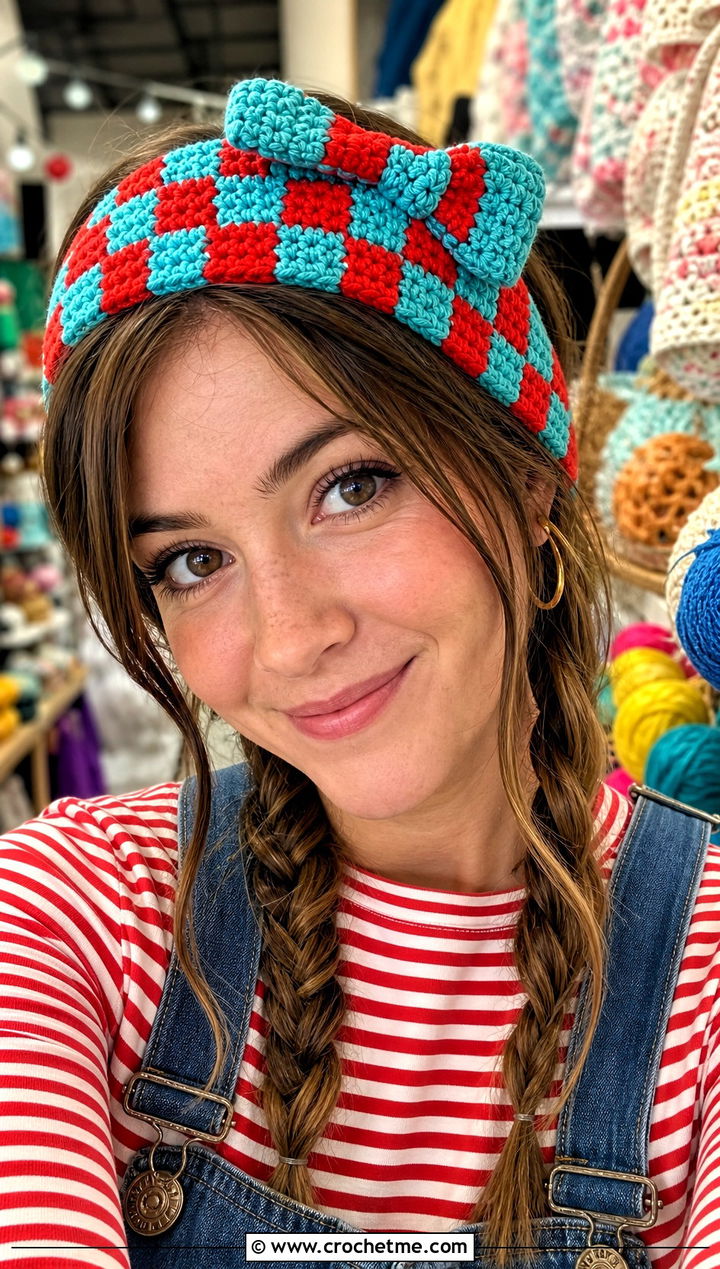 Bow Tie Crochet Checkered Headband With Overalls And Striped Top - 25 crochet checkered headband outfit ideas