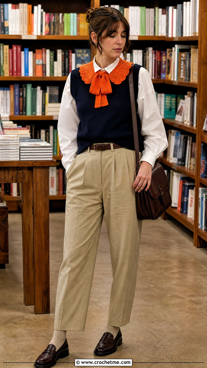 Bow Tie Crochet Collar With Sweater Vest - 35 crochet collars outfit ideas