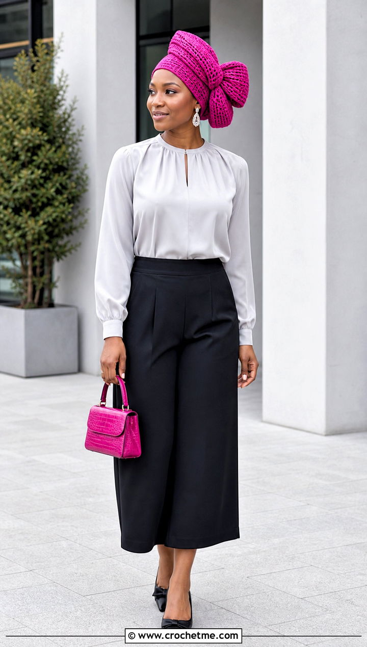 Bow Tie Crochet Hair Wrap With Blouse And Culottes - 35 crochet hair wrap outfit ideas
