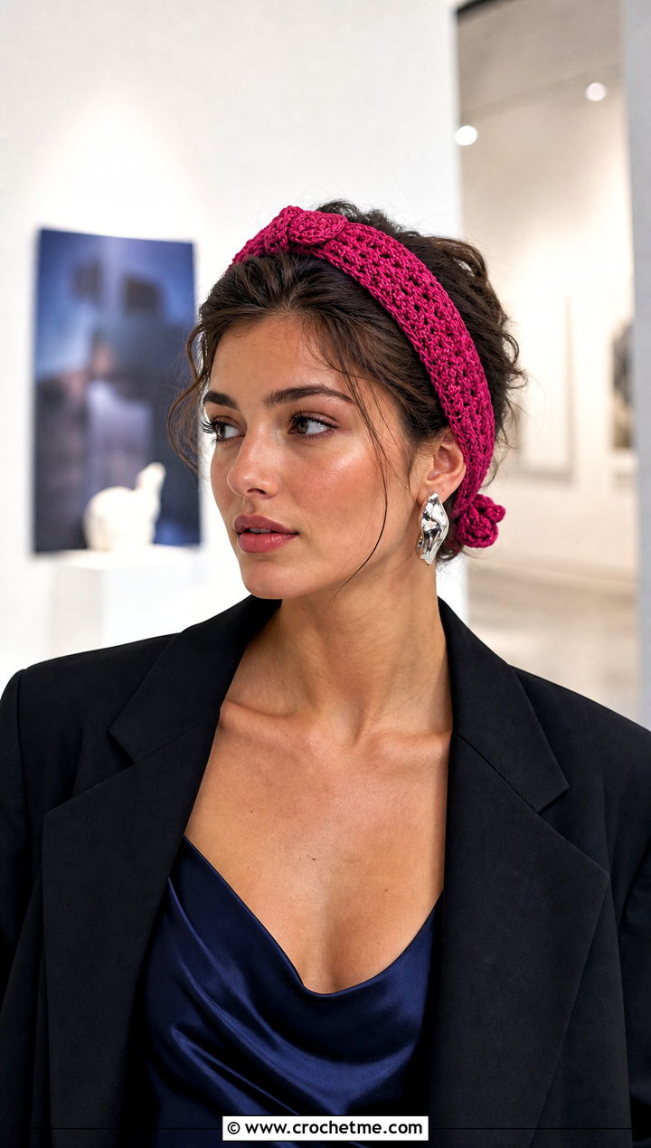 Bow Tie Crochet Headband With Slip Dress And Blazer - 35 crochet tie headband outfit ideas