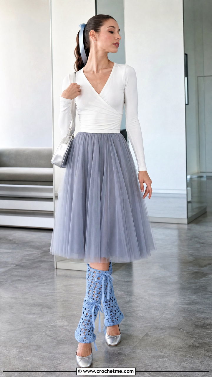 Bow Tie Crochet Leg Warmers With Wrap Top And Tulle Skirt - 35 crochet leg warmer outfit ideas