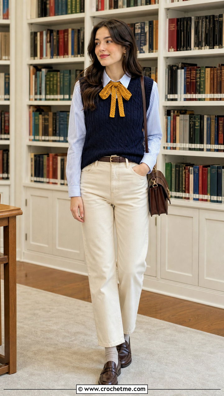 Bow Tie Crochet Mini Scarf With Oxford Shirt And Sweater Vest - 35 crochet mini scarf outfit ideas