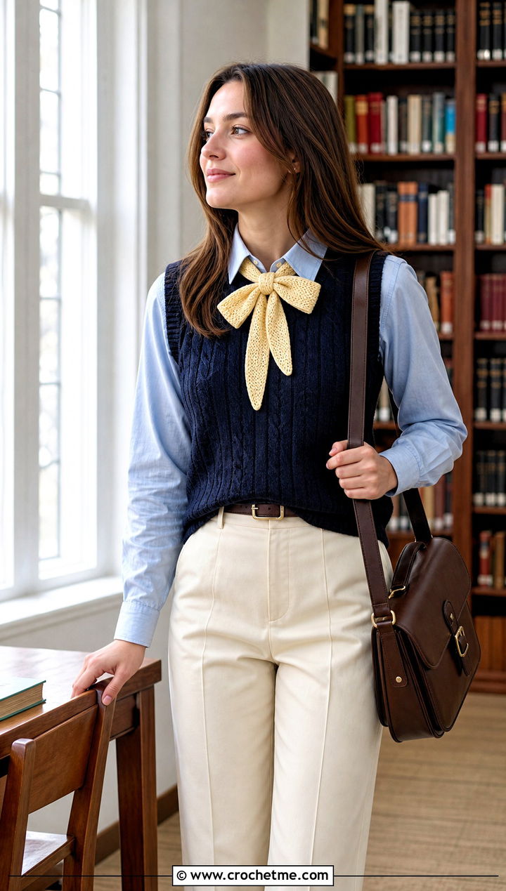 Bow Tie Crochet Mini Scarf With Sweater Vest - 30 mini crochet scarf outfit ideas