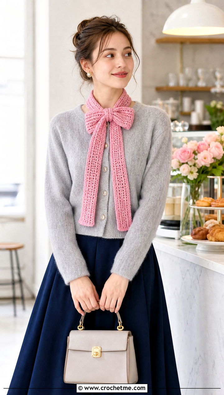 Bow Tie Crochet Ribbon Scarf With Cardigan And Midi Skirt - 15 Crochet Ribbon Scarf outfit ideas