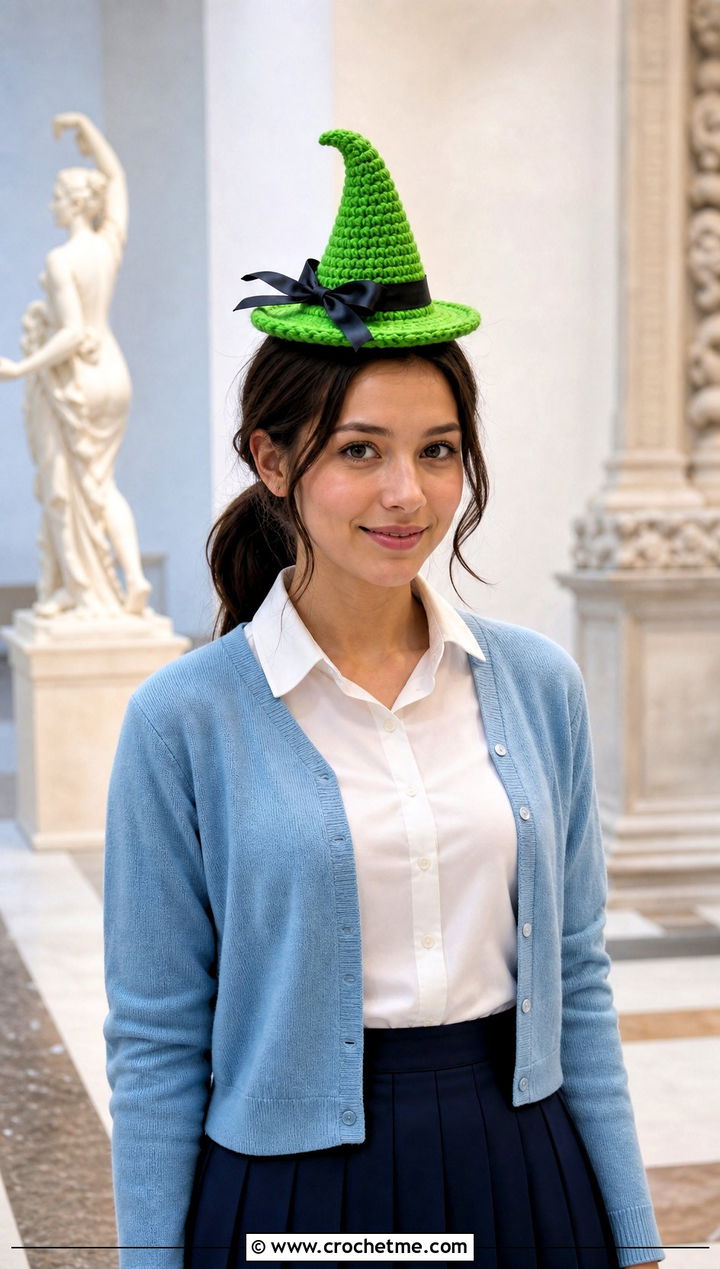 Bow Trim Mini Crochet Witch Hat With Pleated Skirt - 25 Mini Crochet Witch Hat outfit ideas